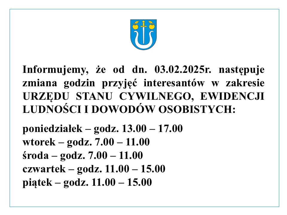 UWAGA! ZMIANA GODZIN PRACY URZĘDU STANU CYWILNEGO
