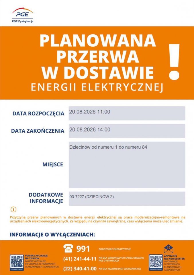 Informacja o planowanej przerwie w dostawie energii elektrycznej