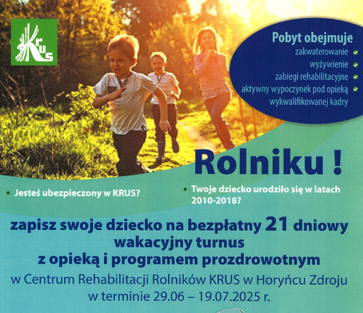 Bezpłatny wakacyjny turnus z opieką i programem prozdrowotnym dla dzieci rolników