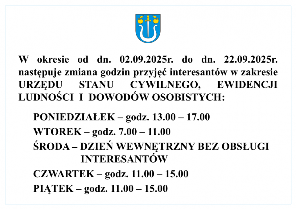 UWAGA! ZMIANA GODZIN PRACY URZĘDU STANU CYWILNEGO