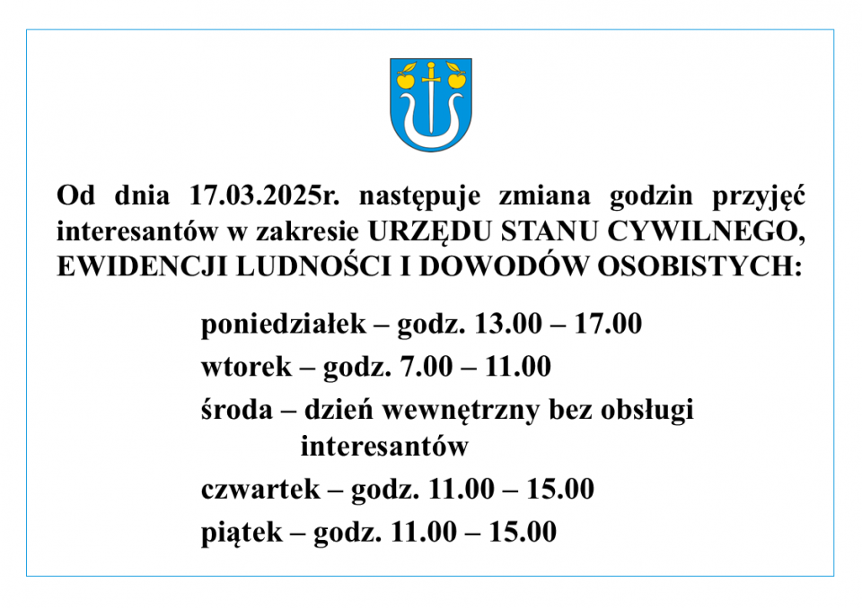 Czasowa zmiana godzin pracy Urzędu Stanu Cywilnego