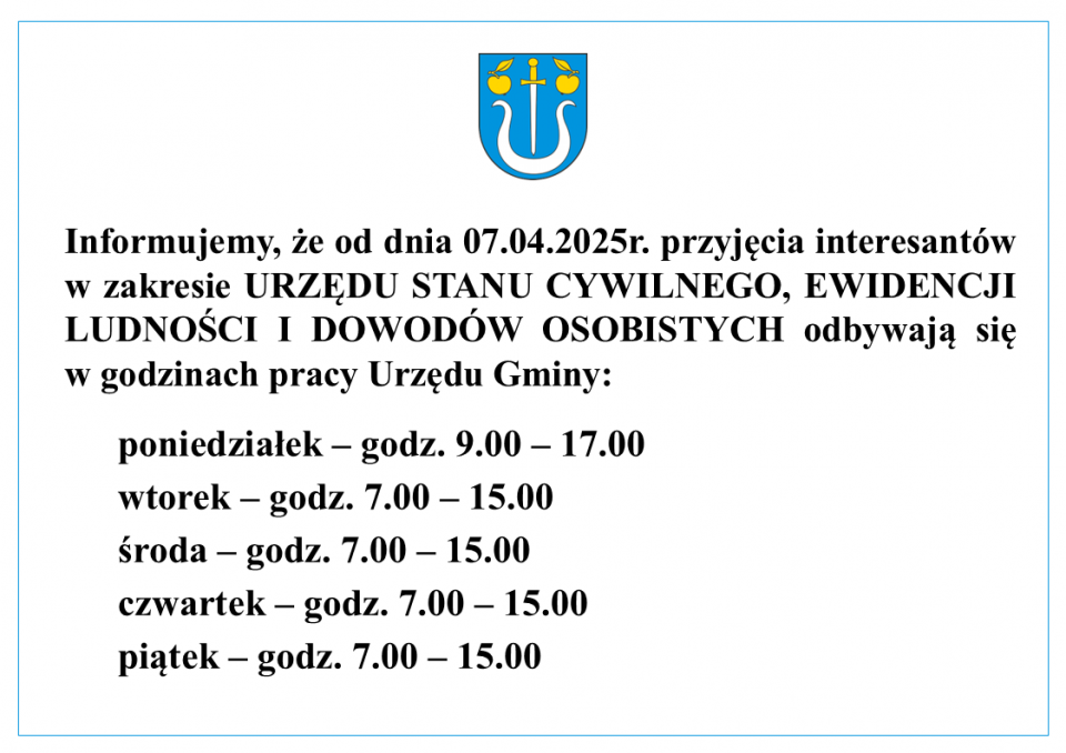 Urząd Stanu Cywilnego czynny w godzinach pracy Urzędu Gminy