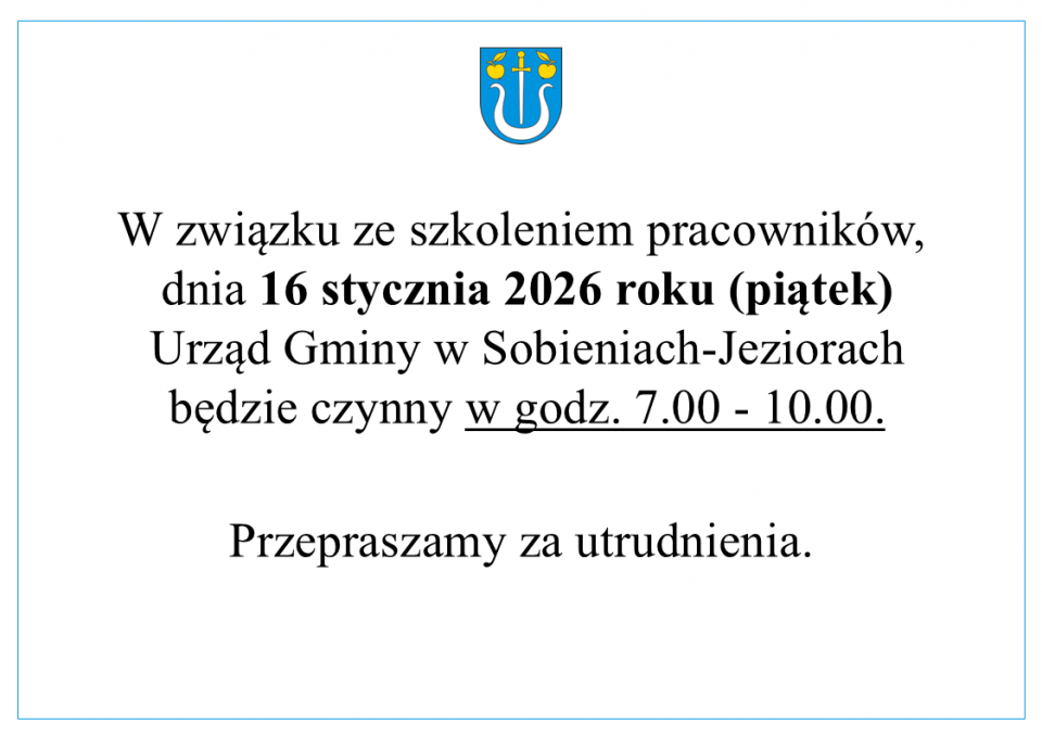 16 stycznia Urząd Gminy będzie czynny w godz. 7.00 - 10.00