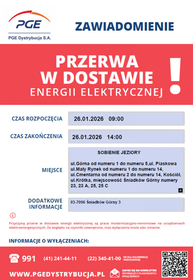 Informacja o planowanych wyłączeniach prądu