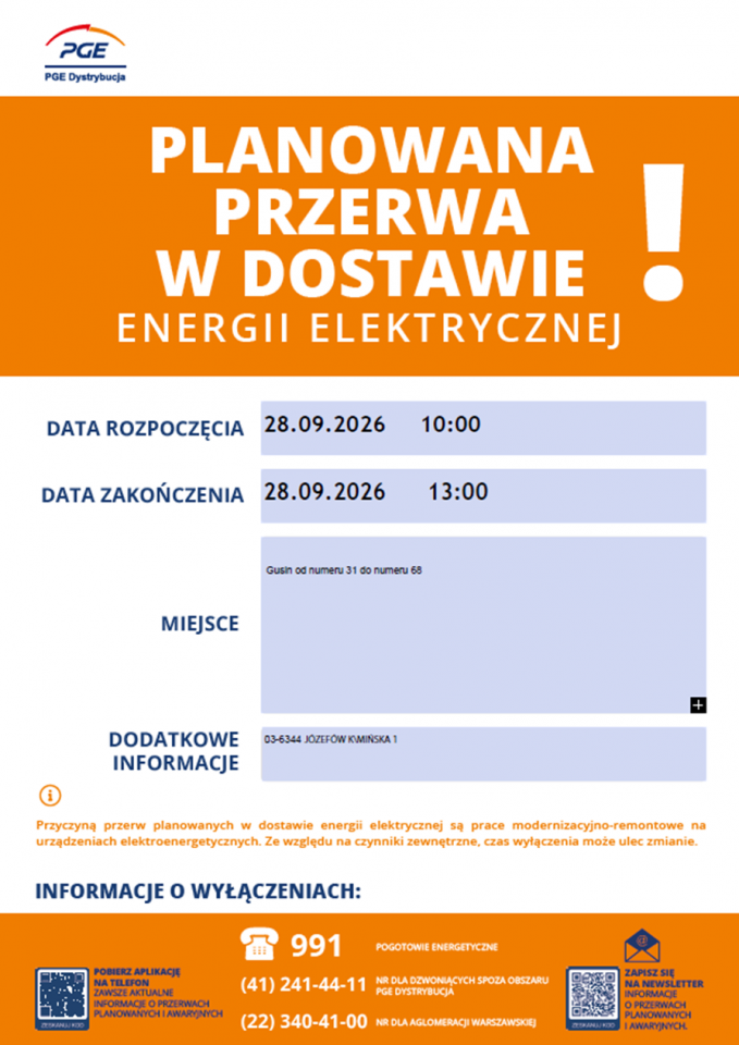 Informacja o planowanej przerwie w dostawie energii elektrycznej