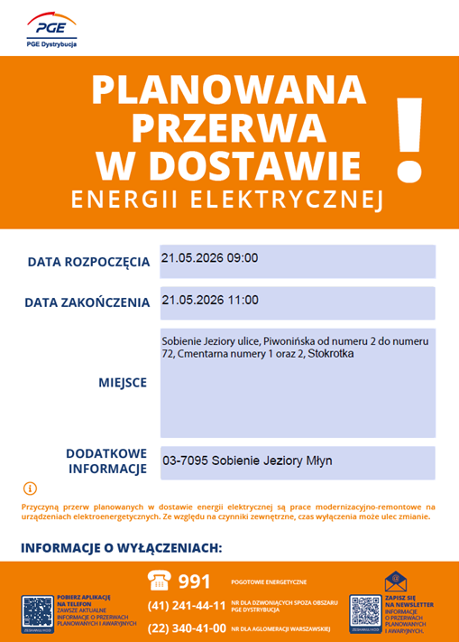 Informacja o planowanej przerwie w dostawie energii elektrycznej