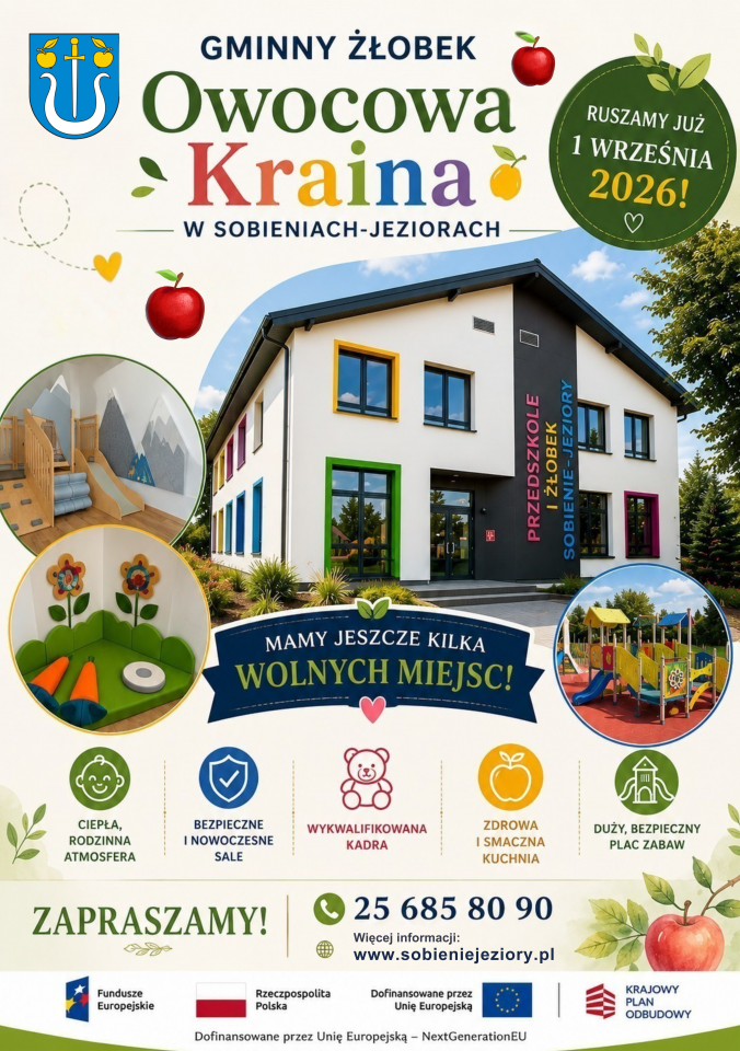 Gminny Żłobek „Owocowa Kraina” w Sobieniach-Jeziorach utworzony! – zakończyliśmy realizację projektu w ramach programu Aktywny Maluch 2022-2029 - Aktualności - Urząd Gminy Sobienie-Jeziory