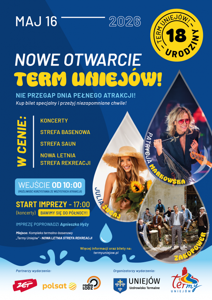 Termy Uniejów świętują 18. urodziny! NOWE OTWARCIE TERM UNIEJÓW JUŻ 16 MAJA 2026 NA SCENIE WYSTĄPIĄ WYJĄTKOWI ARTYŚCI - Aktualności - Urząd Gminy Sobienie-Jeziory