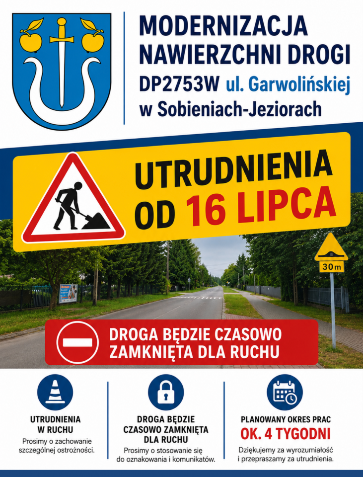 Modernizacja ul. Garwolińskiej w Sobieniach-Jeziorach - utrudnienia od 16 lipca - Aktualności - Urząd Gminy Sobienie-Jeziory
